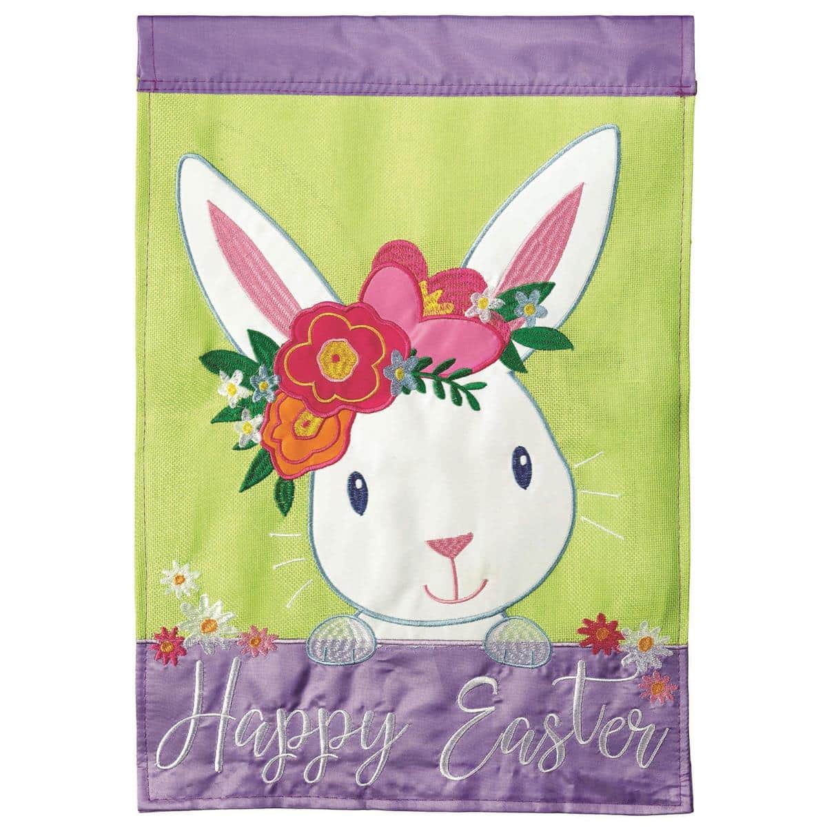13x18 inch Happy Easter Bunny garden flag with layered applique bunny, decorated eggs, and pastel florals designed for outdoor display on a standard garden pole