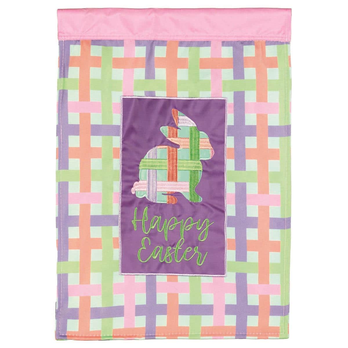 13x18 Happy Easter garden flag with layered applique, embroidered lettering, double-sided design, pastel spring palette, and durable outdoor polyester on a stand