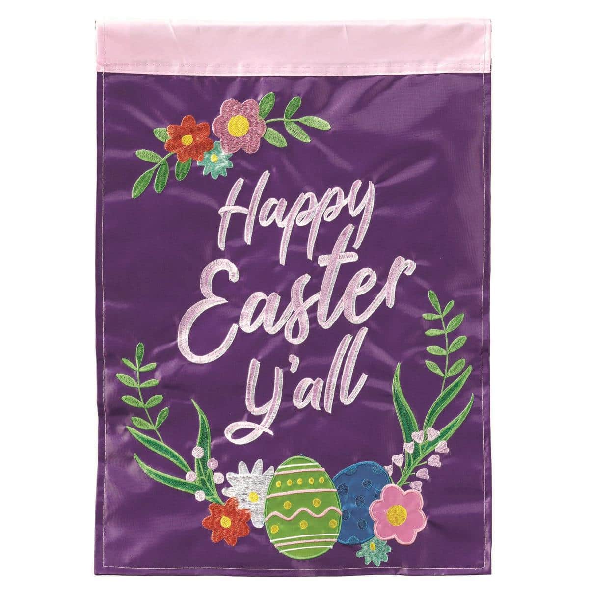 Alt text for the main product image: Purple Happy Easter 13x18 double applique garden flag displayed on a black metal garden pole with spring floral accents visible in layered fabric textures.