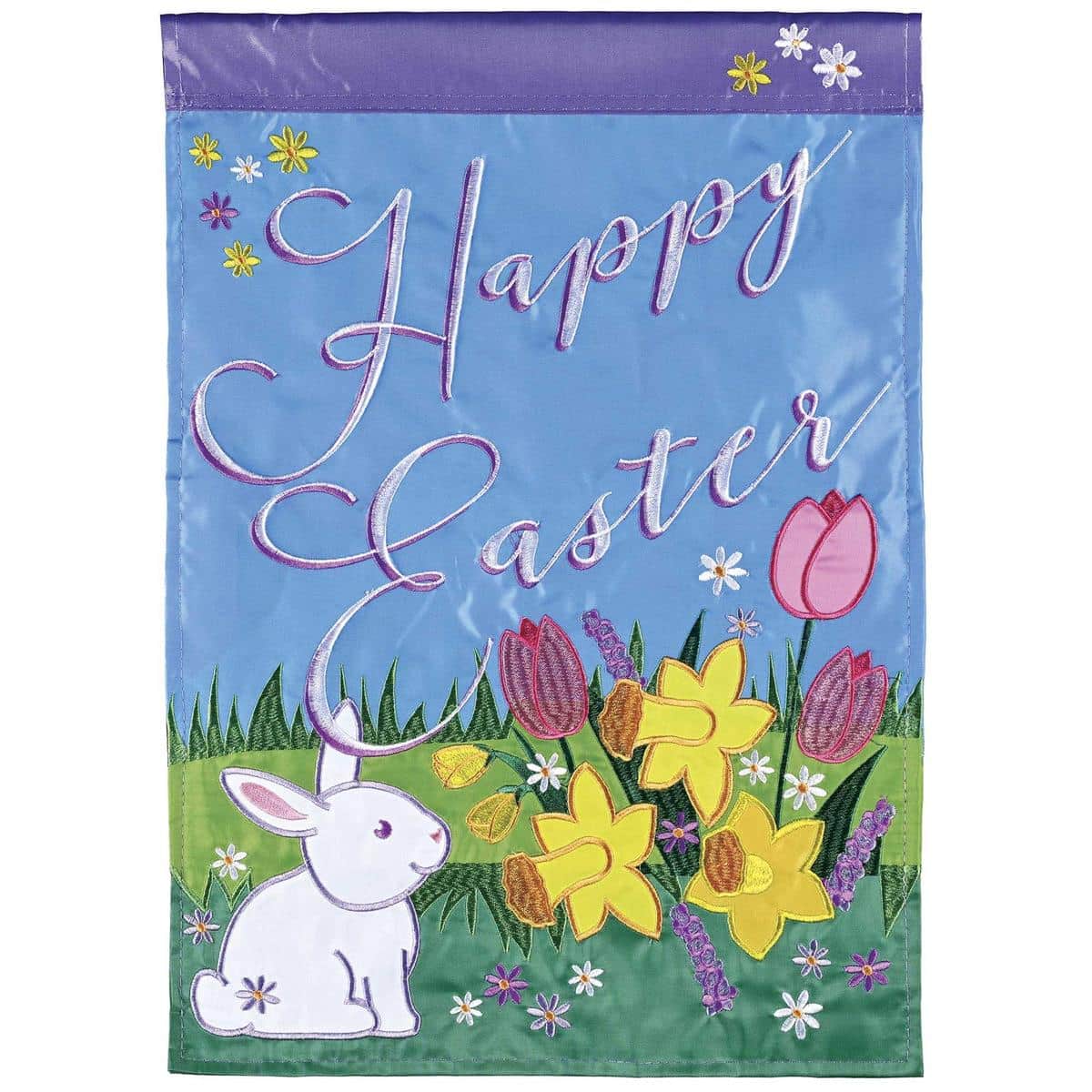 Happy Easter garden flag showing pastel bunnies, decorated eggs, floral wreath and layered applique detail on a durable outdoor fabric, ideal for porch or yard display