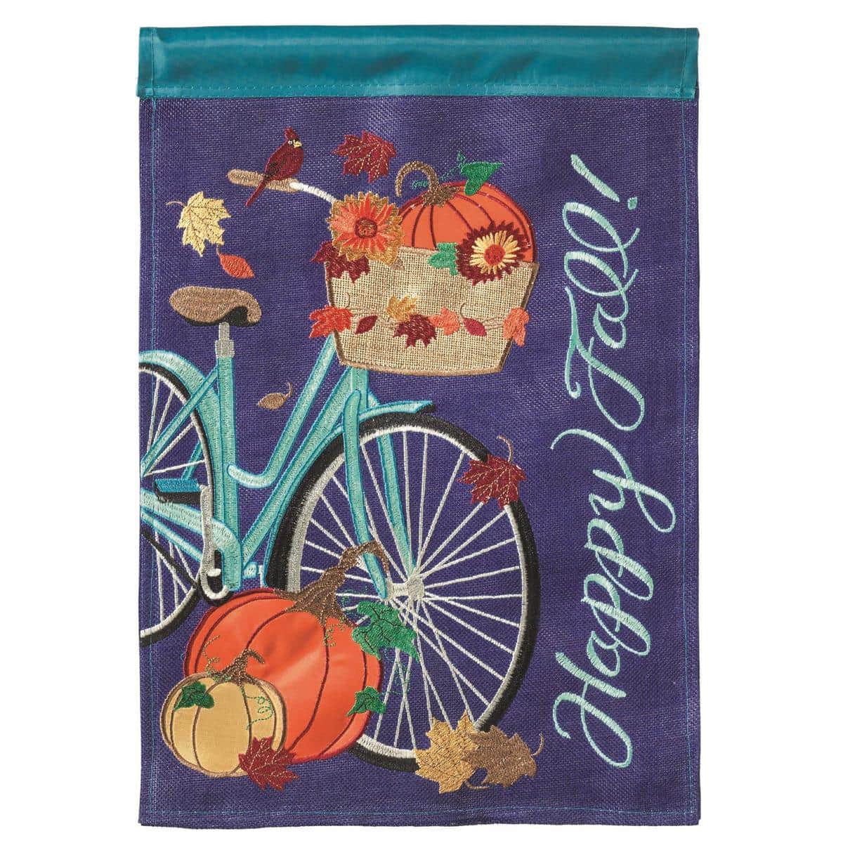 13x18 Happy Fall Bicycle garden flag with double applique pumpkins, autumn leaves and vintage bicycle in warm orange, gold, and brown tones for porch or garden display.