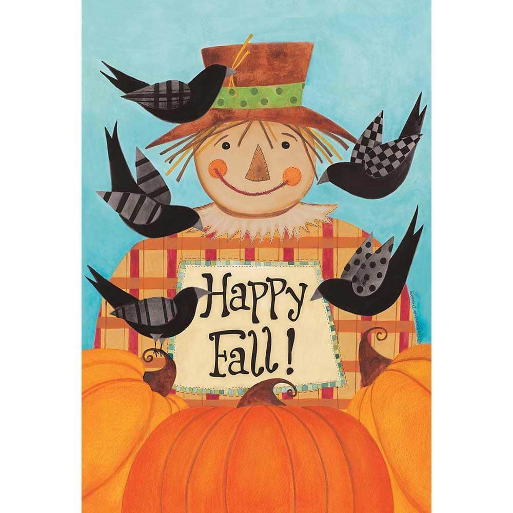 30x44 Happy Fall Scarecrow printed banner flag showing smiling scarecrow, pumpkins, fall leaves, and 'Happy Fall' greeting hanging on a front porch railing for seasonal decor.