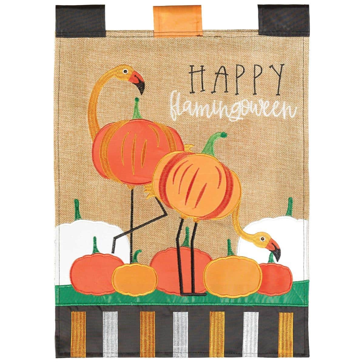 13x18 Happy Flamingoween burlap garden flag featuring layered applique flamingo, pumpkins, and Halloween motifs in warm fall colors, ideal for porch and garden display.