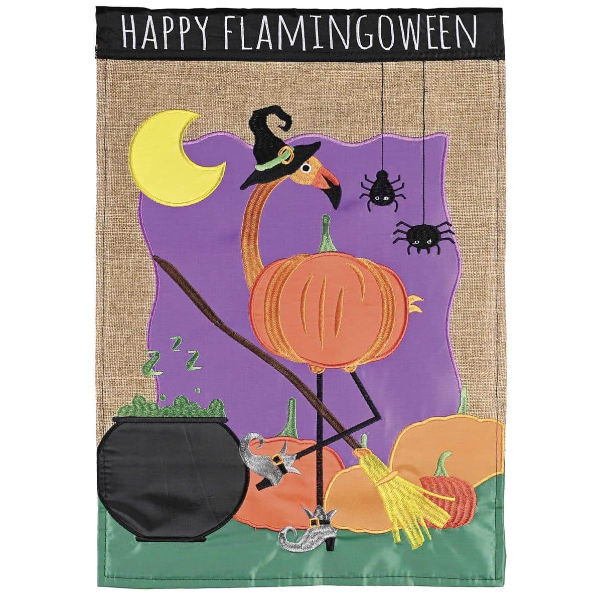 Halloween flamingo and spider double applique garden flag reading Happy Flamingoween, stitched details, black and orange accents, displayed on a front porch.