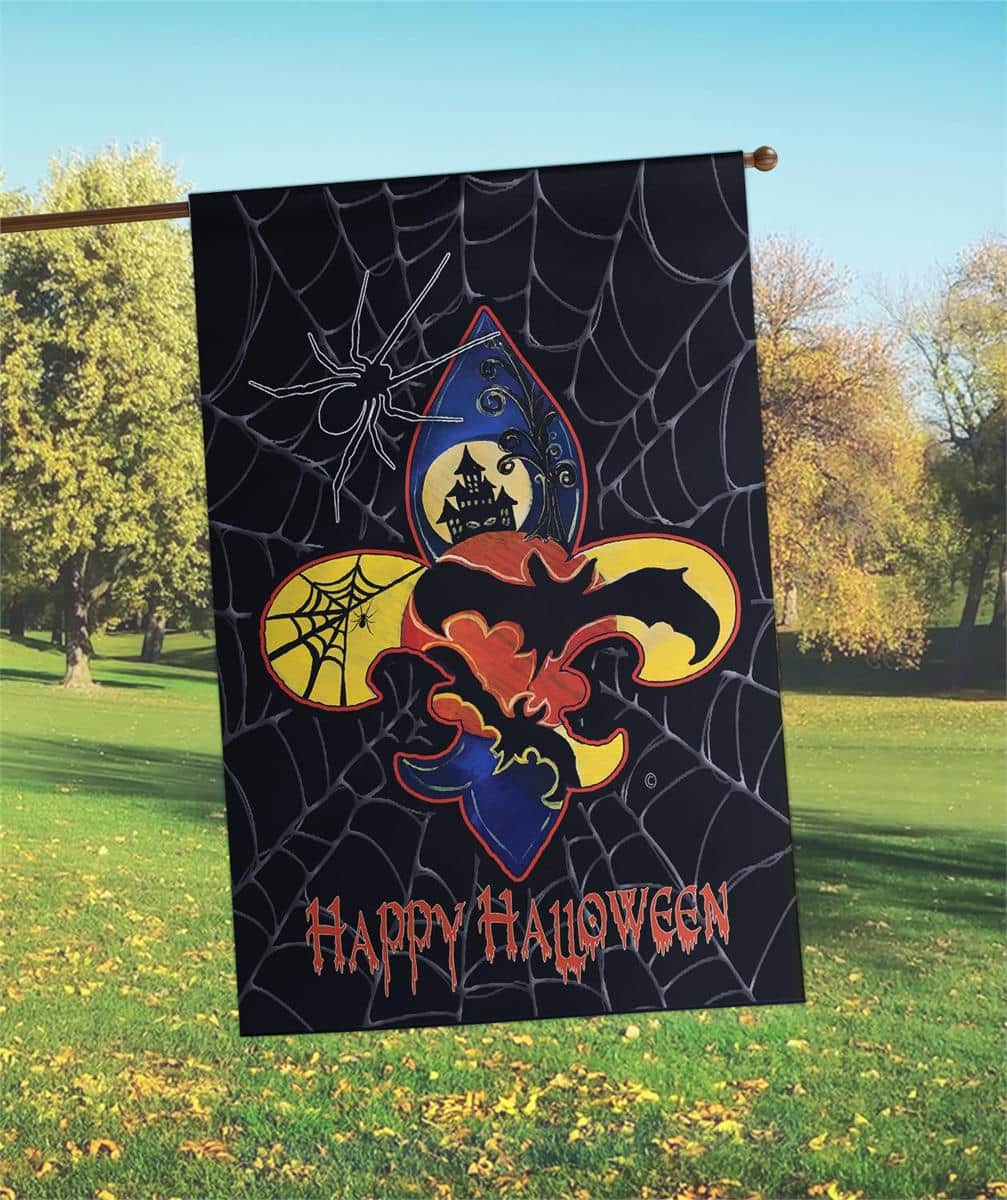 Large 30 x 44 Happy Halloween banner flag with bold printed graphics, orange and black palette, outdoor polyester, pole sleeve fits standard house flagpoles
