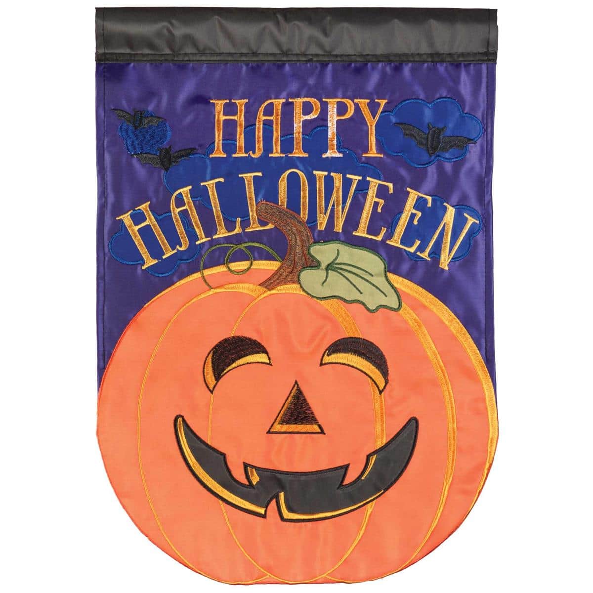 Close-up image of the Happy Halloween Jackolantern 29x42 double applique banner flag showing a smiling pumpkin face, layered applique details, rich orange and black colors, and a sewn pole sleeve ready for hanging on a porch pole.
