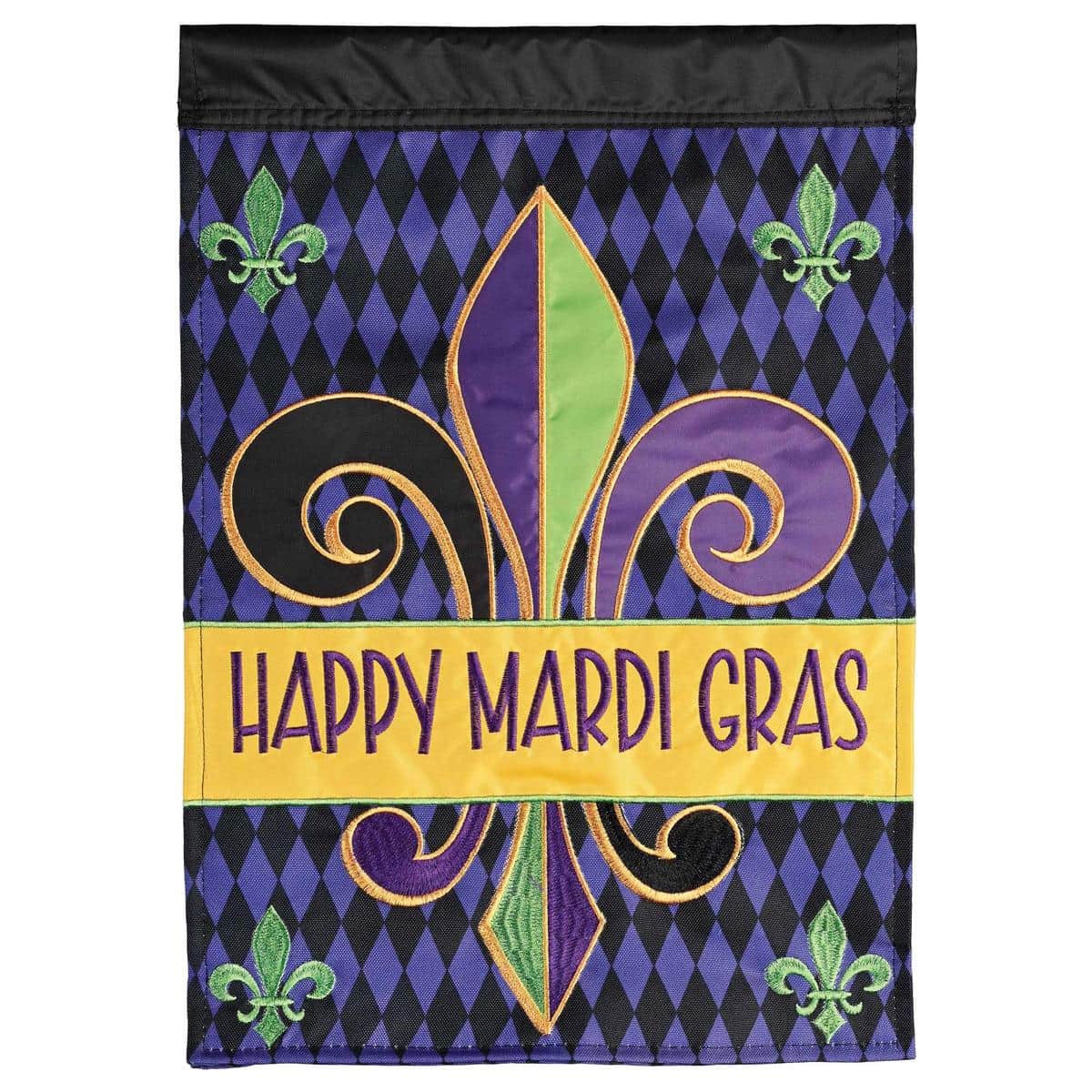Happy Mardi Gras 13x18 garden flag featuring layered double-applique design with embroidered masks, fleur-de-lis, and bead motifs for festive outdoor display on a standard garden pole