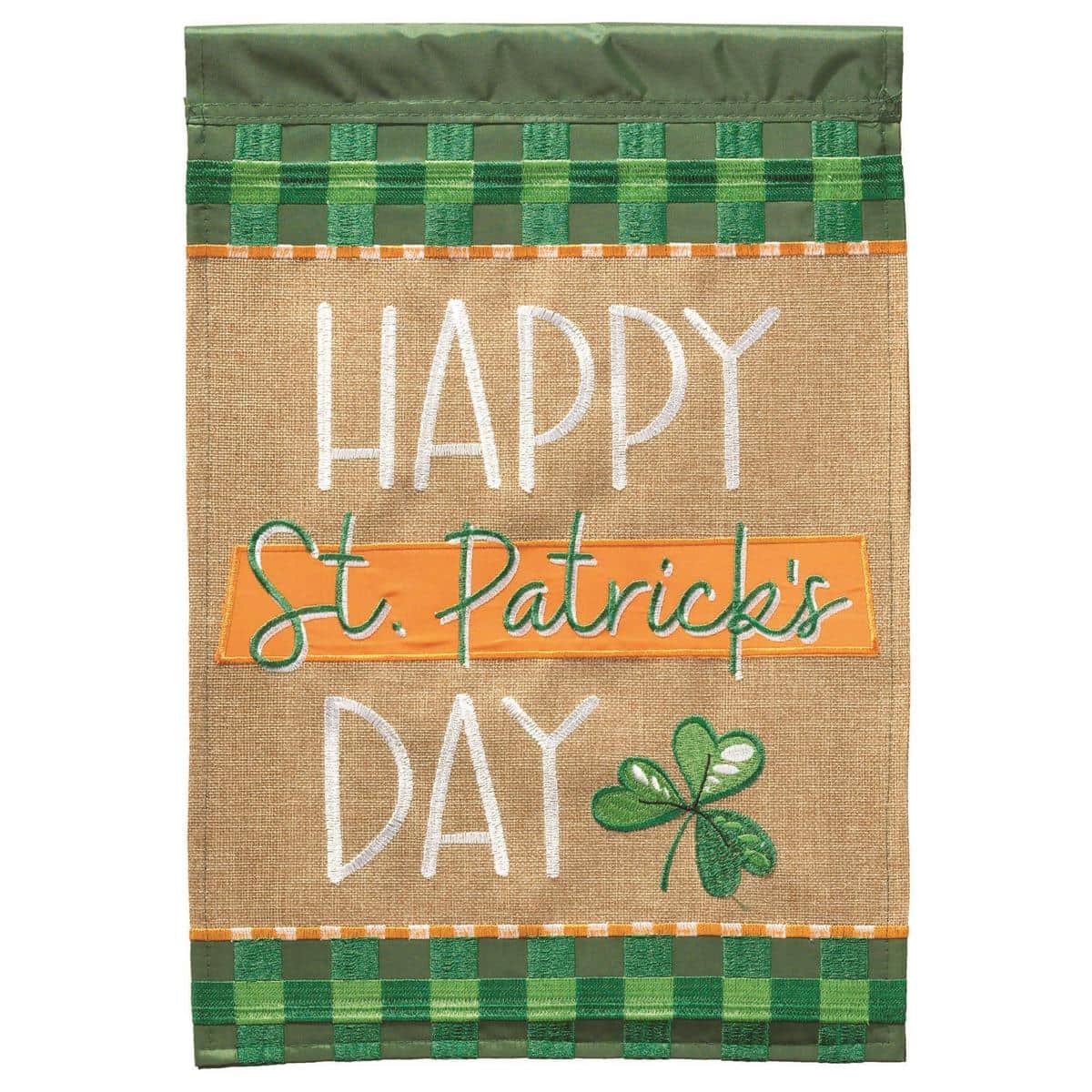 13x18 burlap garden flag with layered double applique shamrocks and 'Happy St Patricks Day' lettering on a rustic textured background, shown displayed on a standard flag stand.