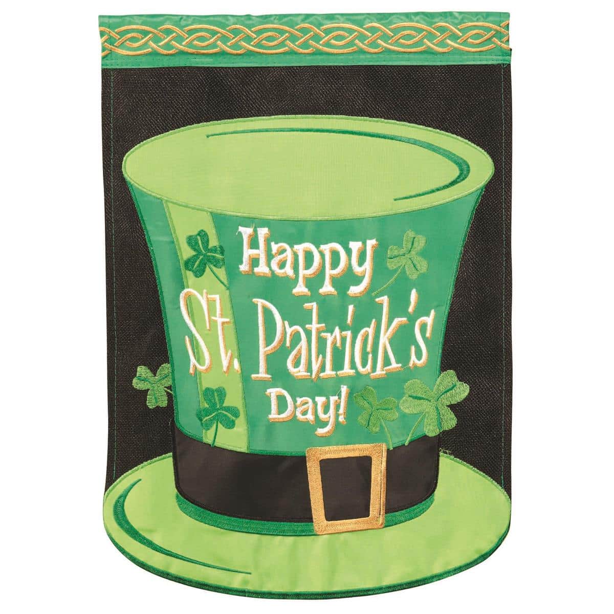 Close-up of Happy St Patrick's Day Hat banner flag 29x42 showing a layered green leprechaun hat applique accented with shamrocks, bold "Happy St Patrick's Day" lettering, visible stitching and reinforced pole sleeve for outdoor display