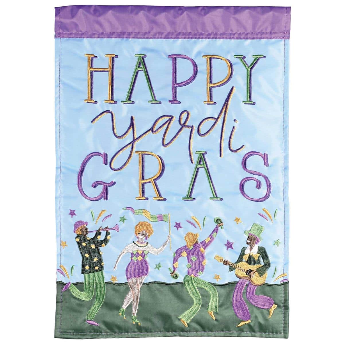 Happy Yardi Gras double applique 13x18 garden flag in purple, green, and gold with masks, beads, and fleur-de-lis, LA-MardiGras style on a flag stand