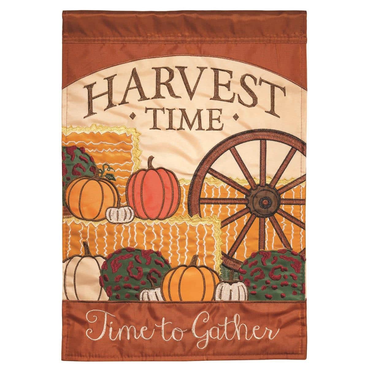 Harvest Gather fall pumpkin garden flag 13x18 double applique seasonal porch decor with layered pumpkins, leaves, and stitched accents for harvest styling.