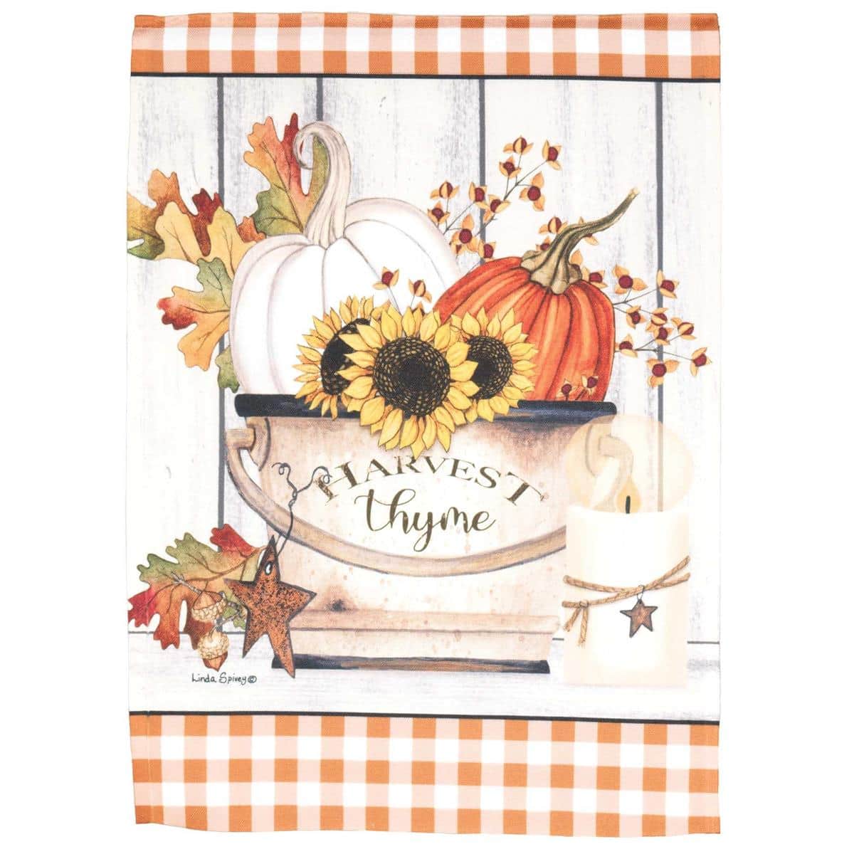 30x44 Harvest Thyme Pumpkins printed banner flag showing warm orange pumpkins and sage thyme sprigs on a soft green background for fall porch decor.