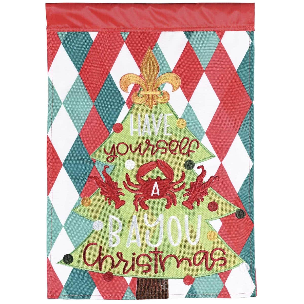 Alt text: Have A Bayou Christmas Tree double applique flag displayed on a porch pole showing layered fabric tree and bayou-inspired holiday motifs up close