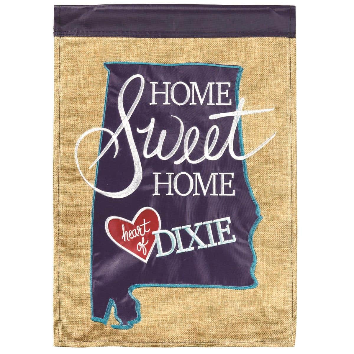 13x18 Heart Of Dixie burlap garden flag with double applique Heart Of Dixie motif displayed on a porch flag pole, showing textured burlap and layered stitched details for Southern home decor.