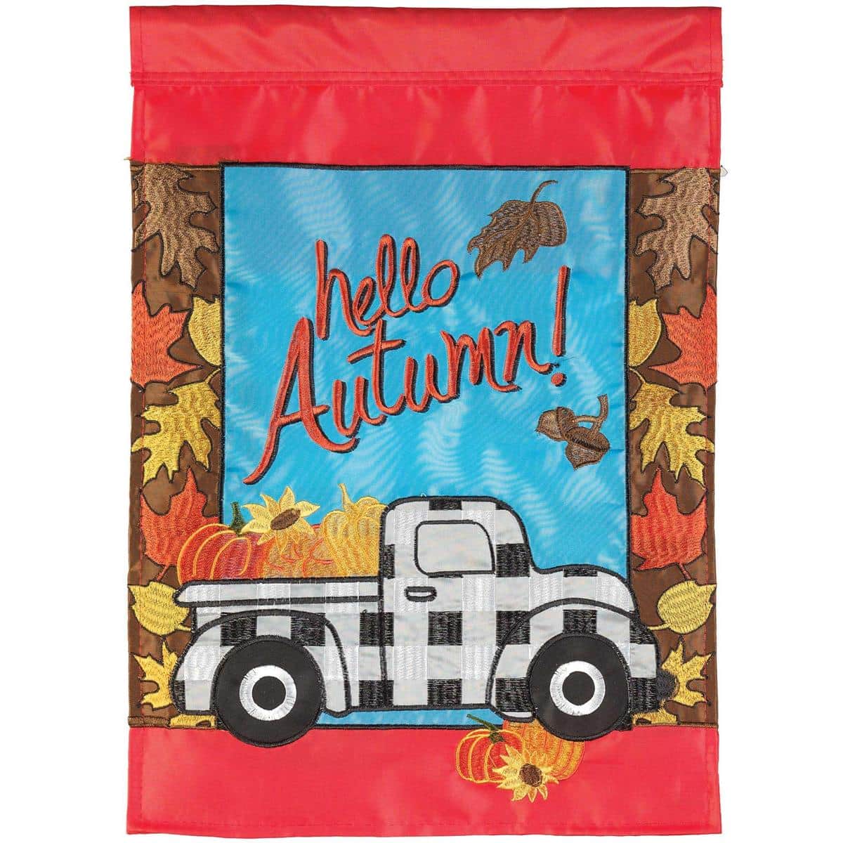 13x18 garden flag with a vintage pickup full of pumpkins and leaves, Hello Autumn script, double sided applique design, fits standard stands for fall yard decor