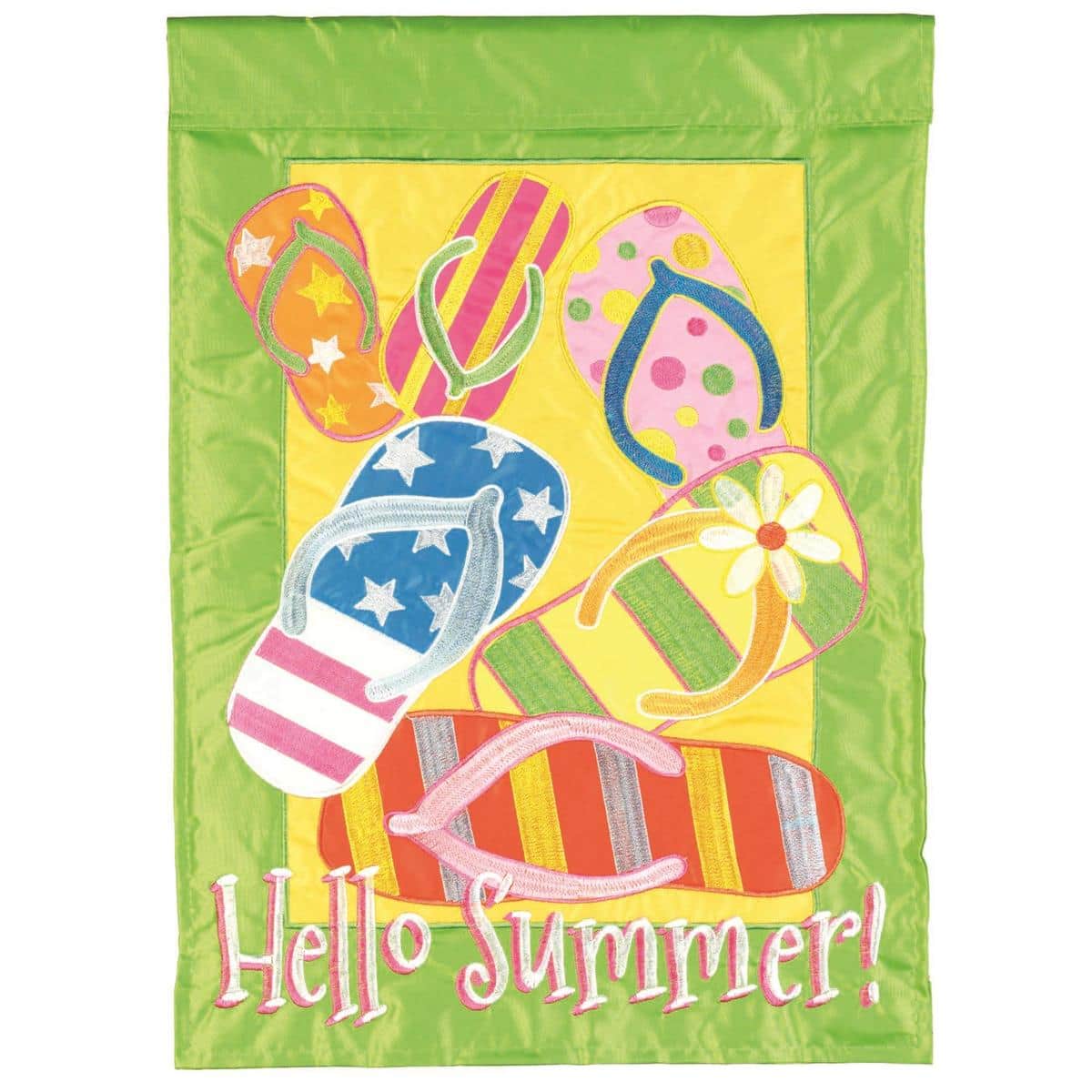 Colorful Hello Summer garden flag showing flip flops and beach icons in double applique style on a 13x18 inch outdoor flag, perfect for summer porch, patio, or garden display