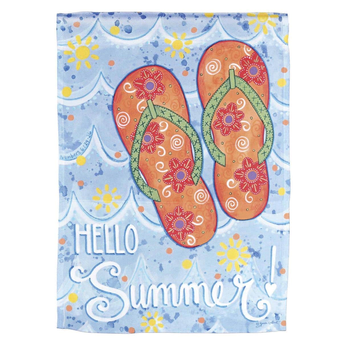 13x18 Hello Summer Flip Flops Garden Flag showing colorful beach flip flops, waterfront accents, and bold 'Hello Summer' text printed on durable outdoor polyester for porch, patio, or garden display.