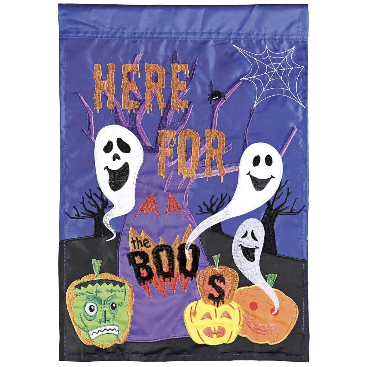 Here For The Boos 13x18 Halloween garden flag with ghost applique, bold stitched lettering, and double sided design displayed on a front yard stand