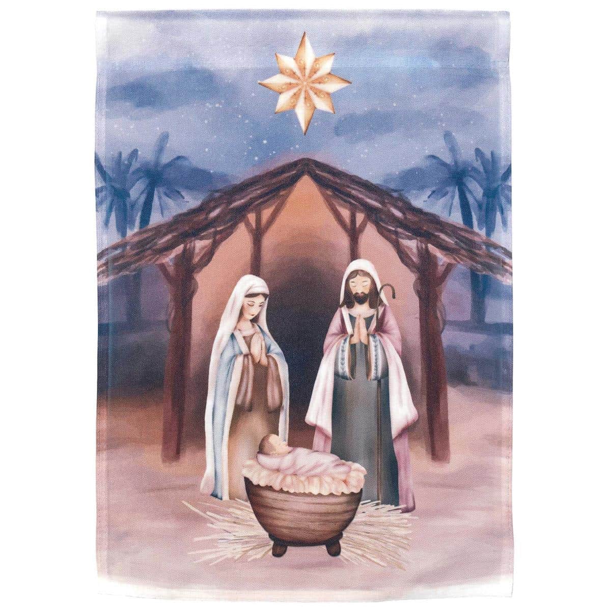 Alt text: Printed 13x18 Holy Family In Creche garden flag showing Mary Joseph and baby Jesus in a stable scene for outdoor Christmas display.