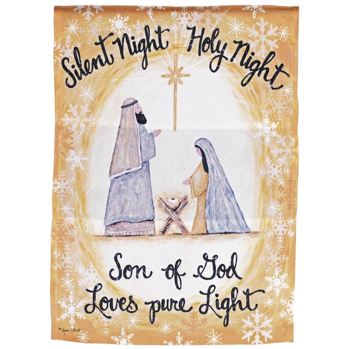 Printed Holy Family Loves Pure Light banner flag 30x44 showing Mary, Joseph, and baby Jesus surrounded by glowing star imagery and warm, soft light.