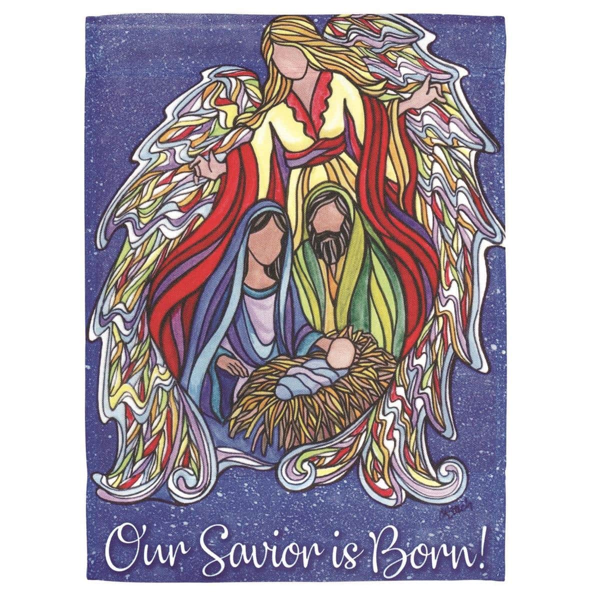 Printed 13x18 garden flag featuring the Holy Family with an angel and star, rich nativity colors, sleeve-top header fits most garden flag poles.