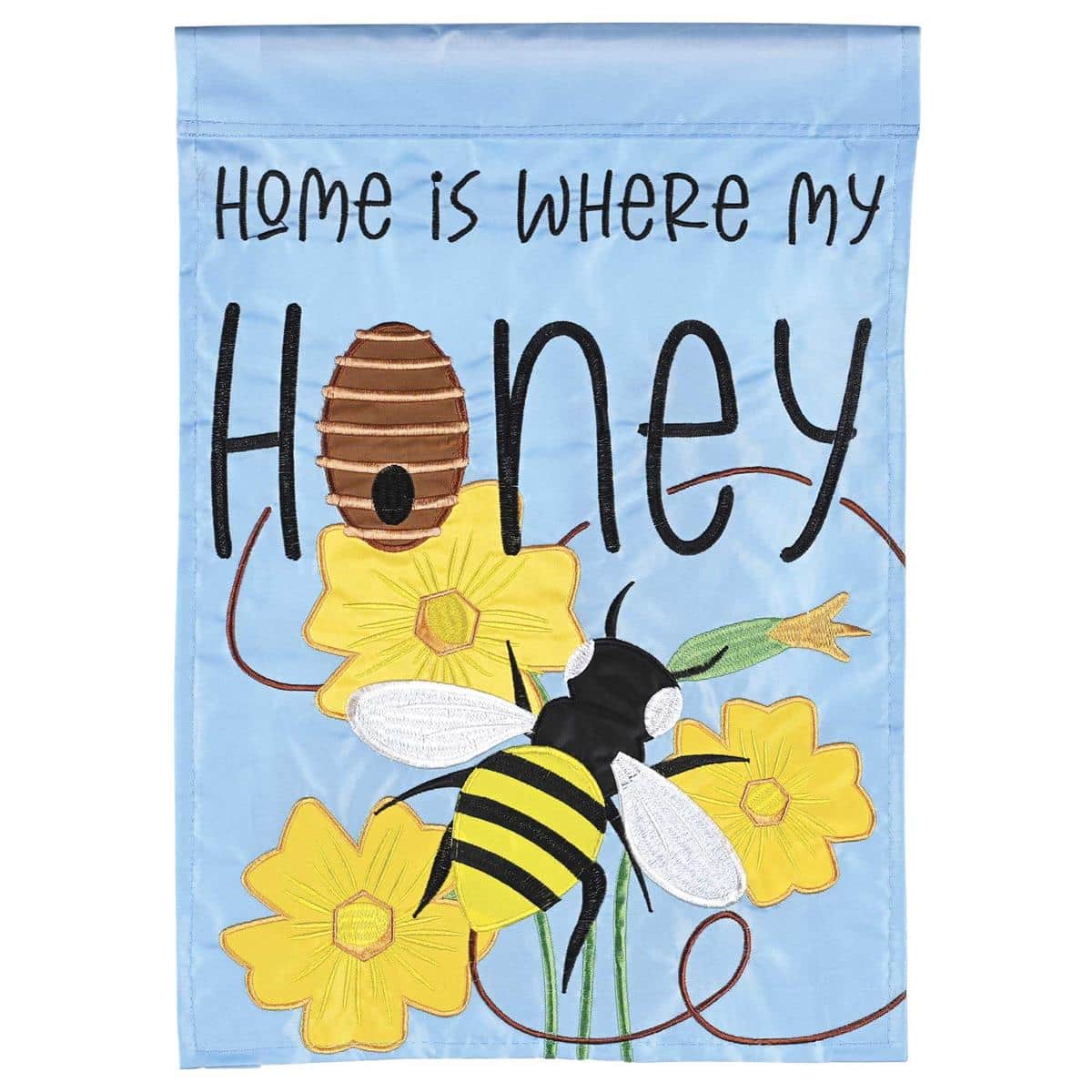 Close-up of Home Is Where My Honey Bee double applique 13x18 garden flag showing a cheerful bee among flowers on durable, weather-resistant fabric on a stand.