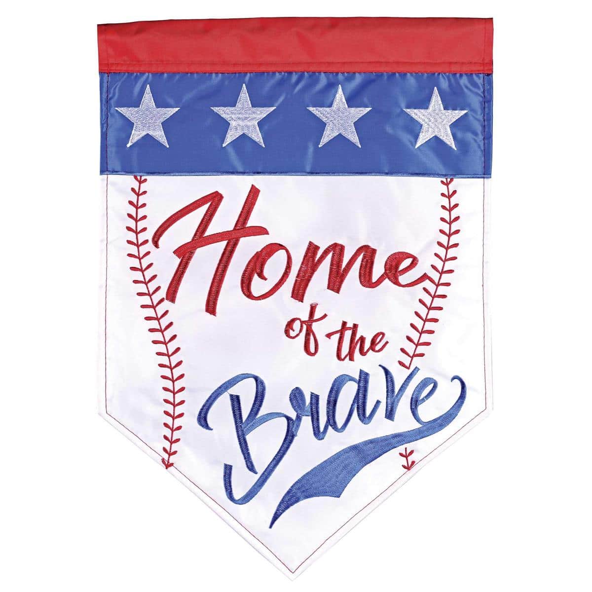 13x18 Home Of The Brave baseball garden flag with double applique stitching showing baseball seams, stars and stripes, bold "Home Of The Brave" text and reinforced header for garden pole display