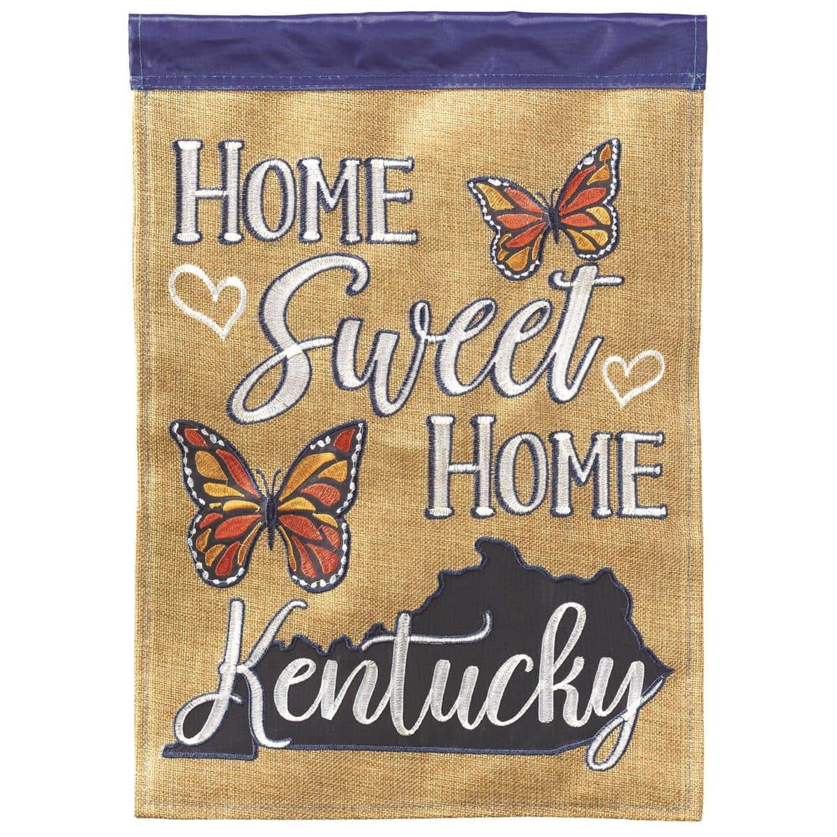Home Sweet Home Kentucky garden flag, 13x18 double applique, two-sided message, durable outdoor fabric, state pride accent for porch, yard, or walkway