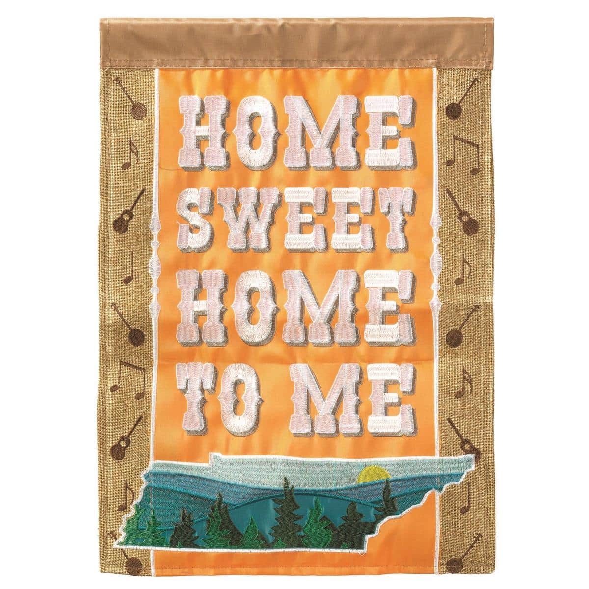Double applique 13x18 Tennessee garden flag reading Home Sweet Home on a porch stake with state motif and southern colors.