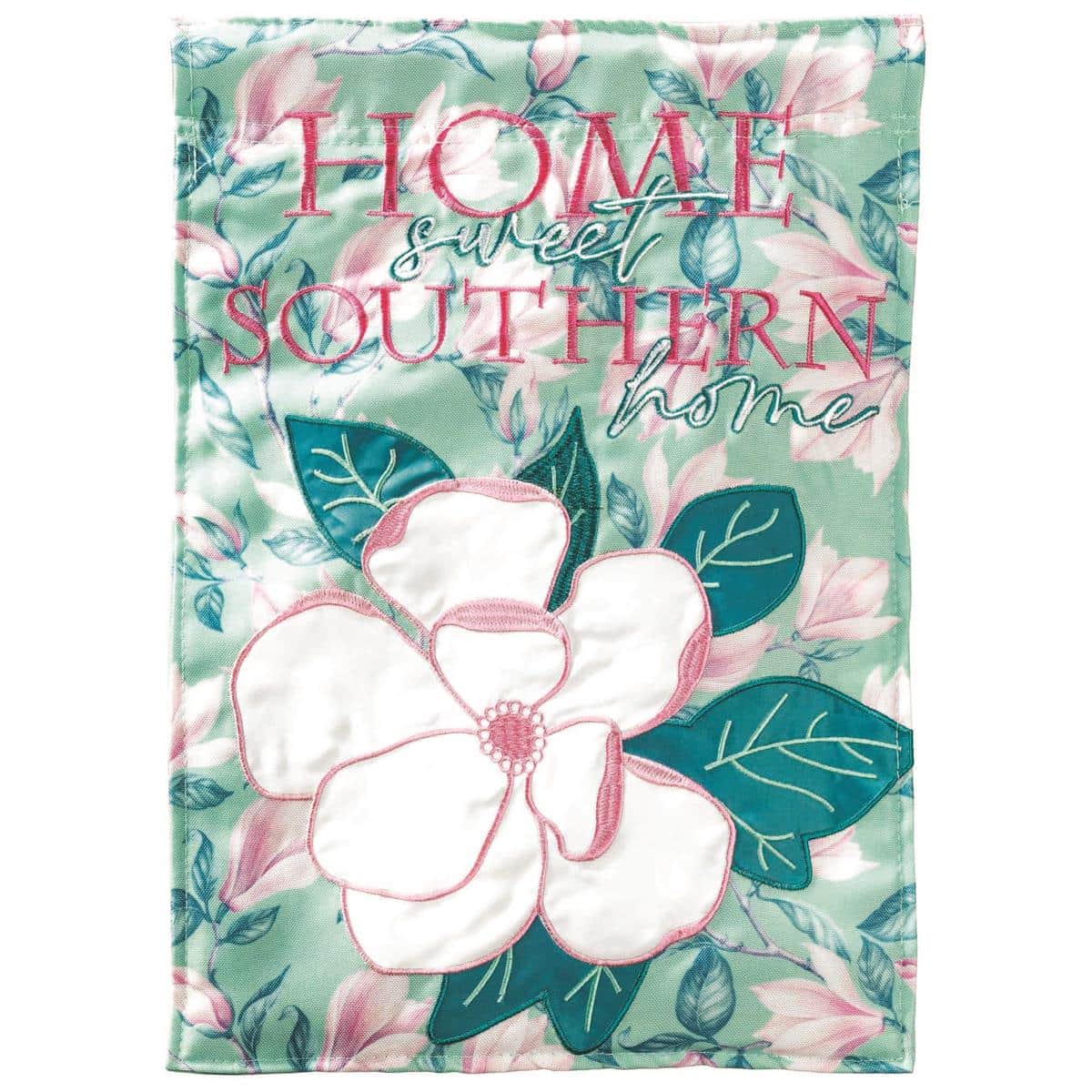 Home Sweet Southern Home floral double-applique-plus 29x42 banner flag with layered fabric flowers, 'Home Sweet Southern Home' script, satin highlights and burlap texture shown hanging from a porch pole.