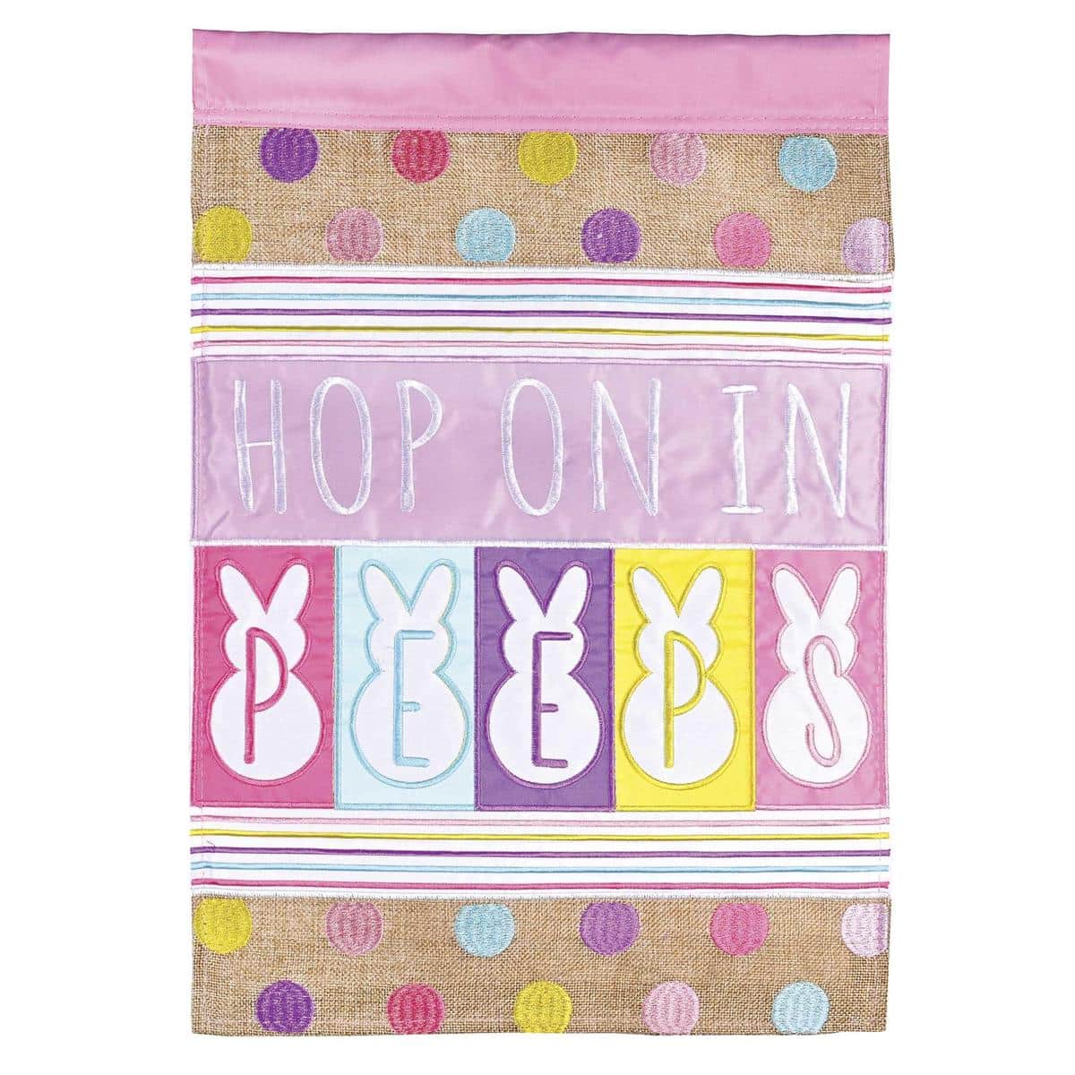 Pastel peeps chick garden flag with 'Hop On In' greeting in double applique, 13x18 inches, Easter theme, decorative for porch and yard displays