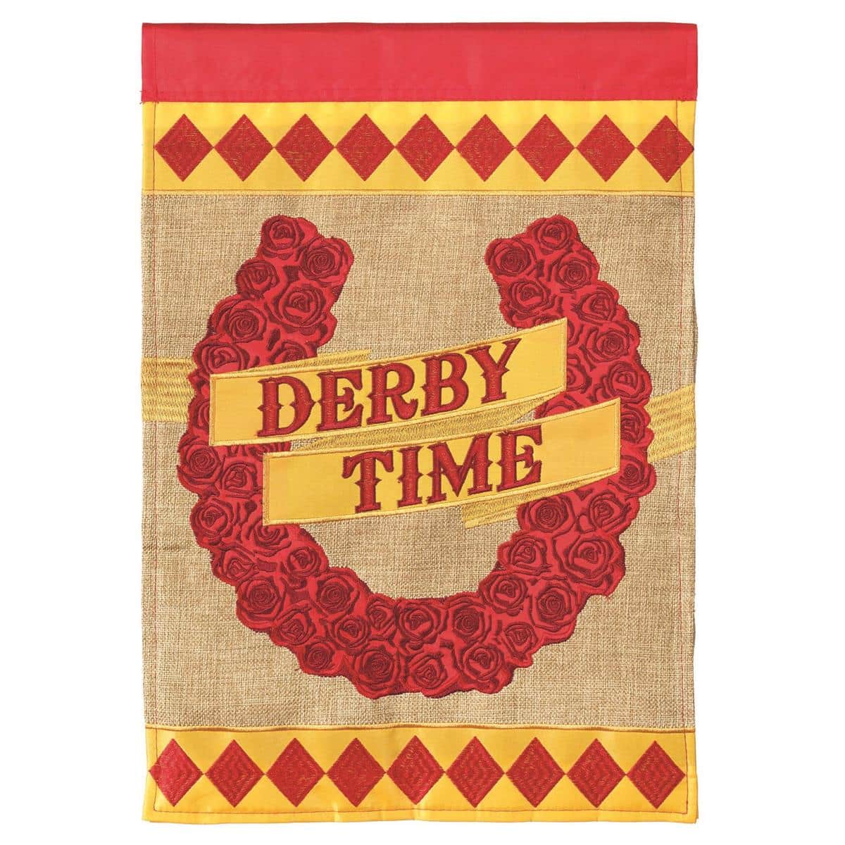 13x18 Horse Of Roses burlap garden flag with Derby style rose horse double applique, rustic texture and reinforced pole sleeve displayed on a metal garden stake in a flowering yard.