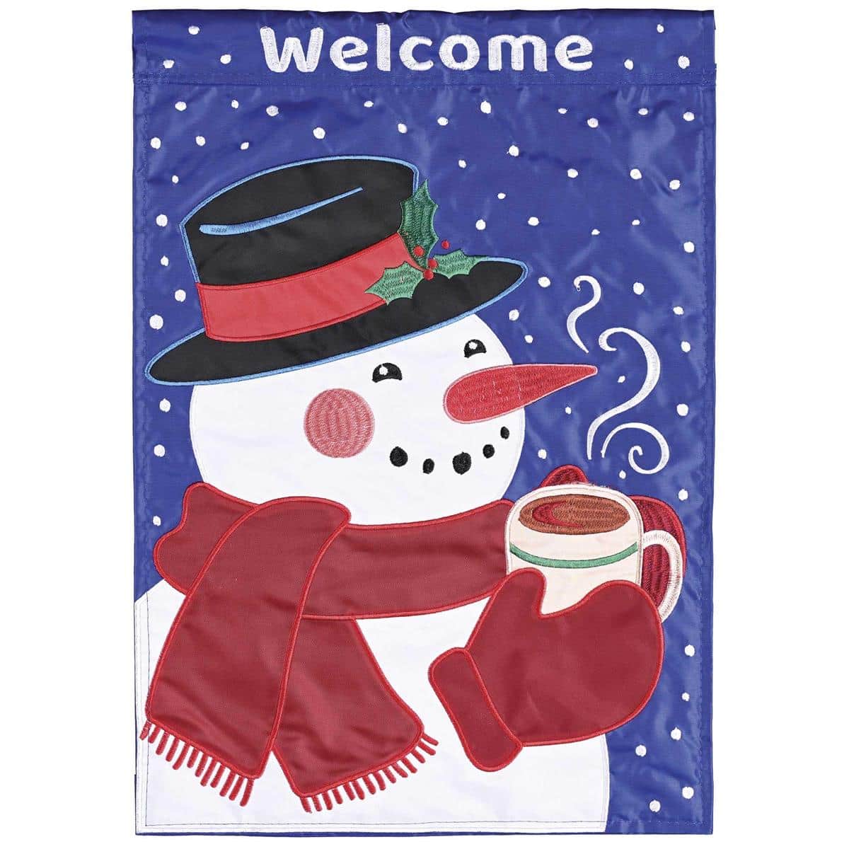 Cheerful winter flag showing a snowman with hot cocoa and a Welcome greeting, double applique, readable on both sides, for garden or house flag poles.
