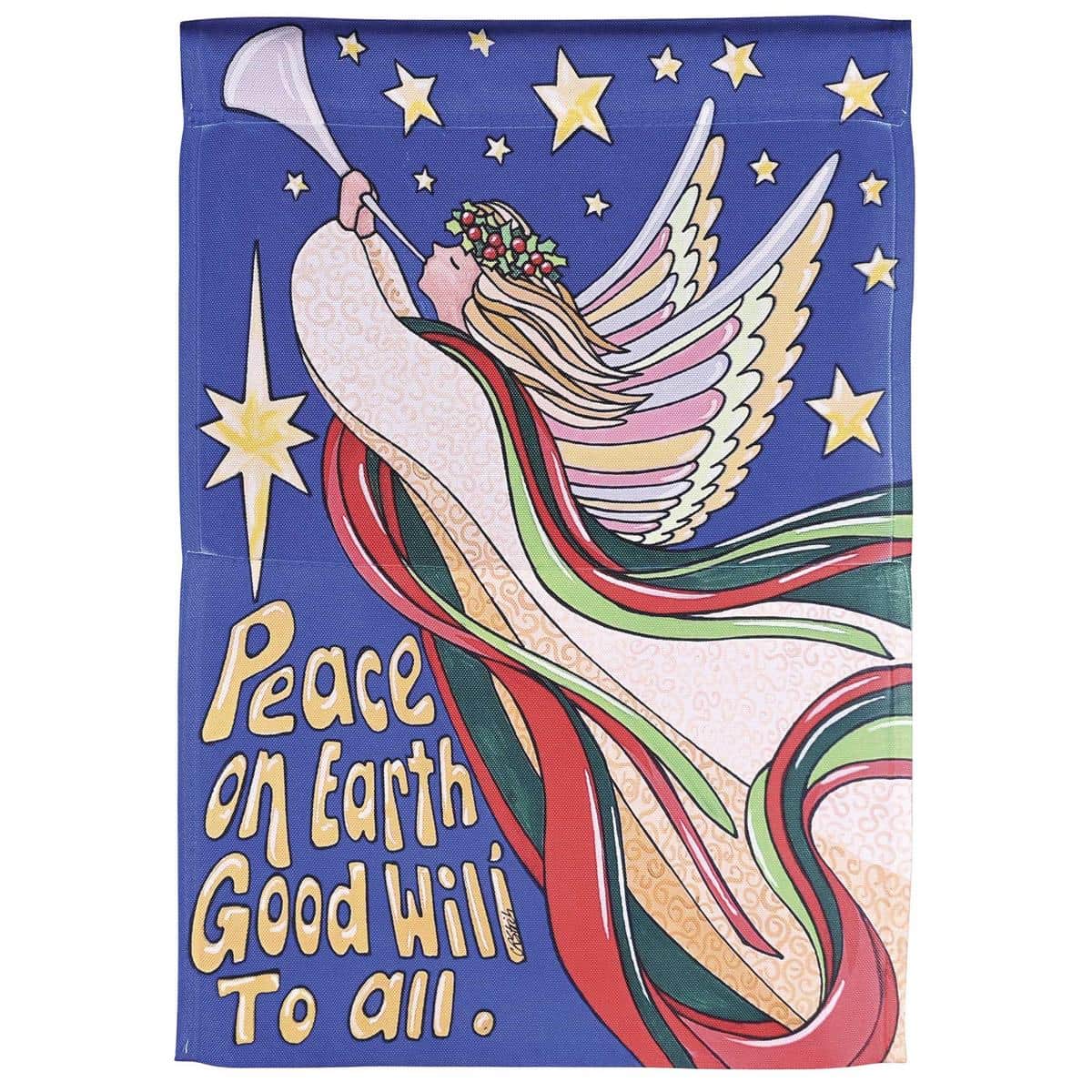 House Angel "Peace On Earth Goodwill" printed Christmas flag hanging on a porch pole showing an angel motif with holly accents and scripted holiday message.