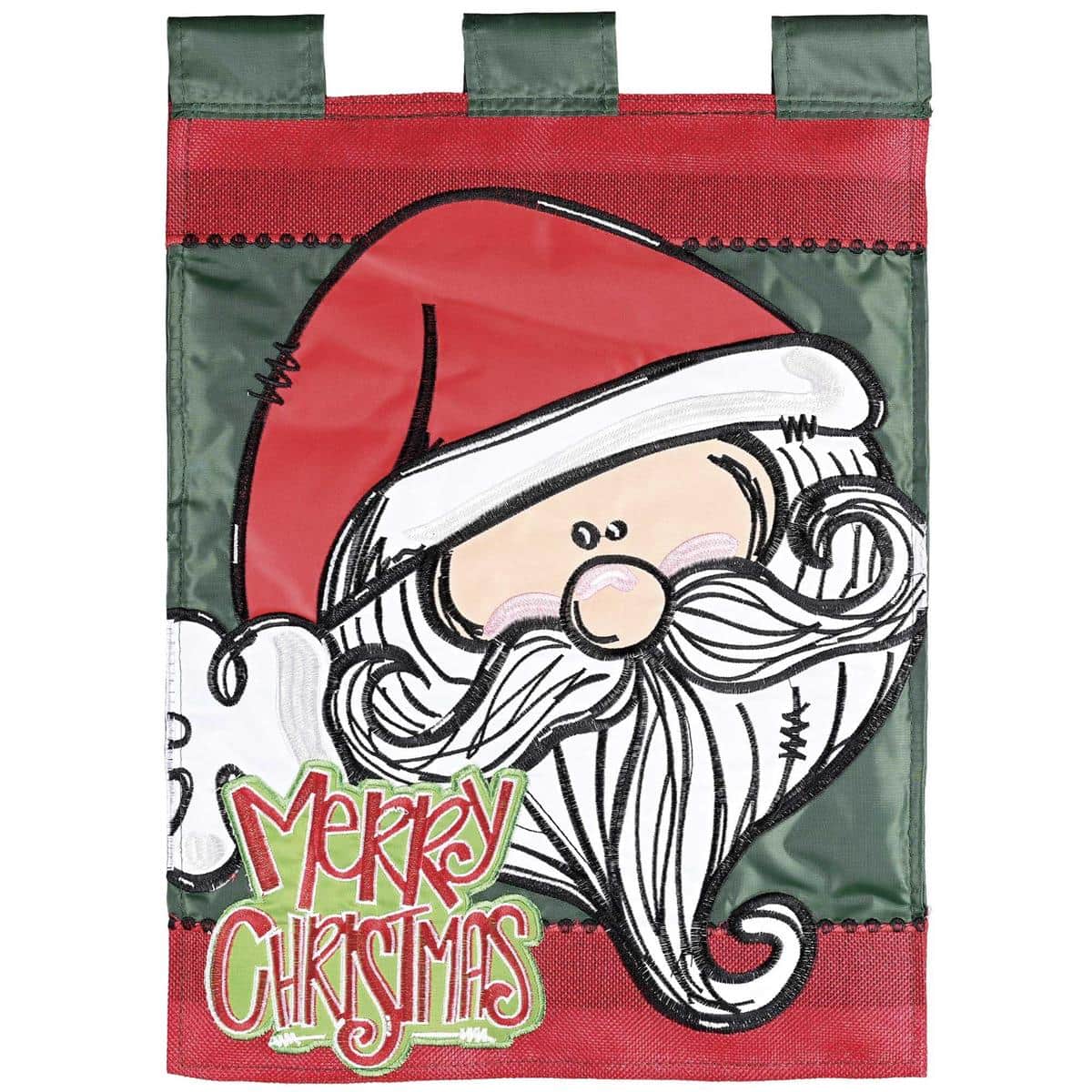 Christmas house flag featuring Santa carrying gifts by a decorated house, crafted with double applique layers and bright holiday colors for outdoor display.