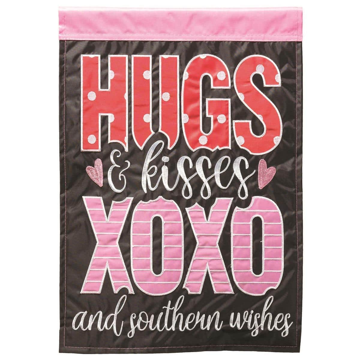Hugs Kisses Southern 13x18 double applique garden flag showing layered hearts and scripted 'Hugs Kisses' text, ready for display on a standard garden flag pole.