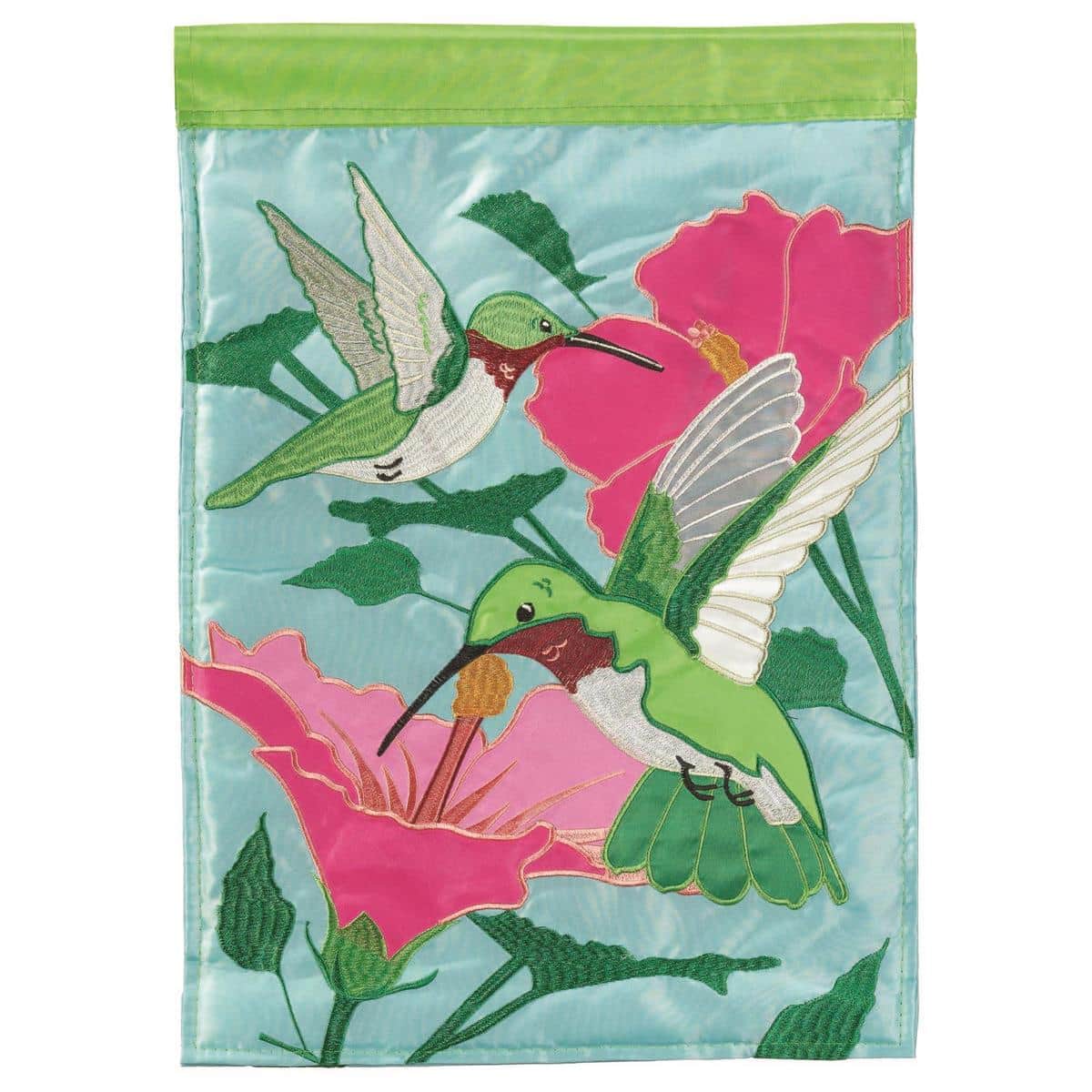 13x18 hummingbird garden flag double applique with two perched hummingbirds over colorful blossoms on textured fabric, shown on a yard flagpole.
