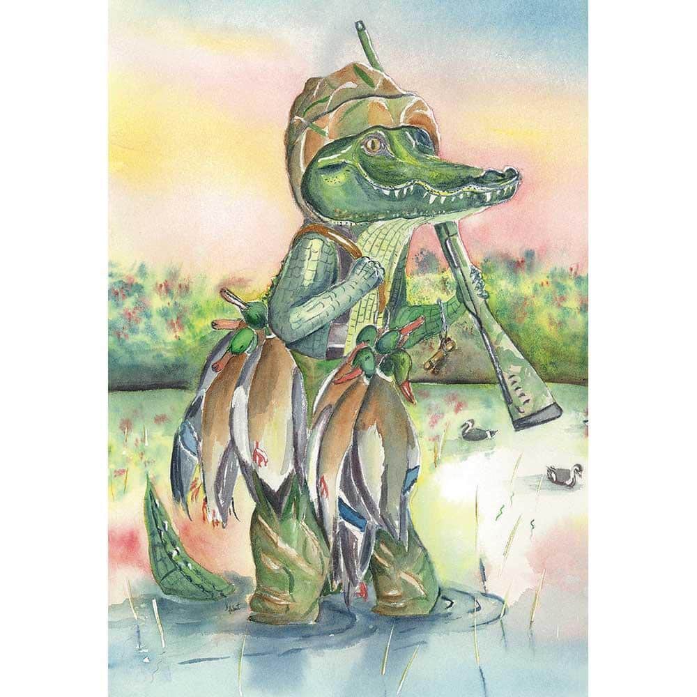 Hunting Gator 30x44 printed house banner flag showing a fierce green alligator on camo background, UV-resistant colors, sleeve-style top for standard porch poles.