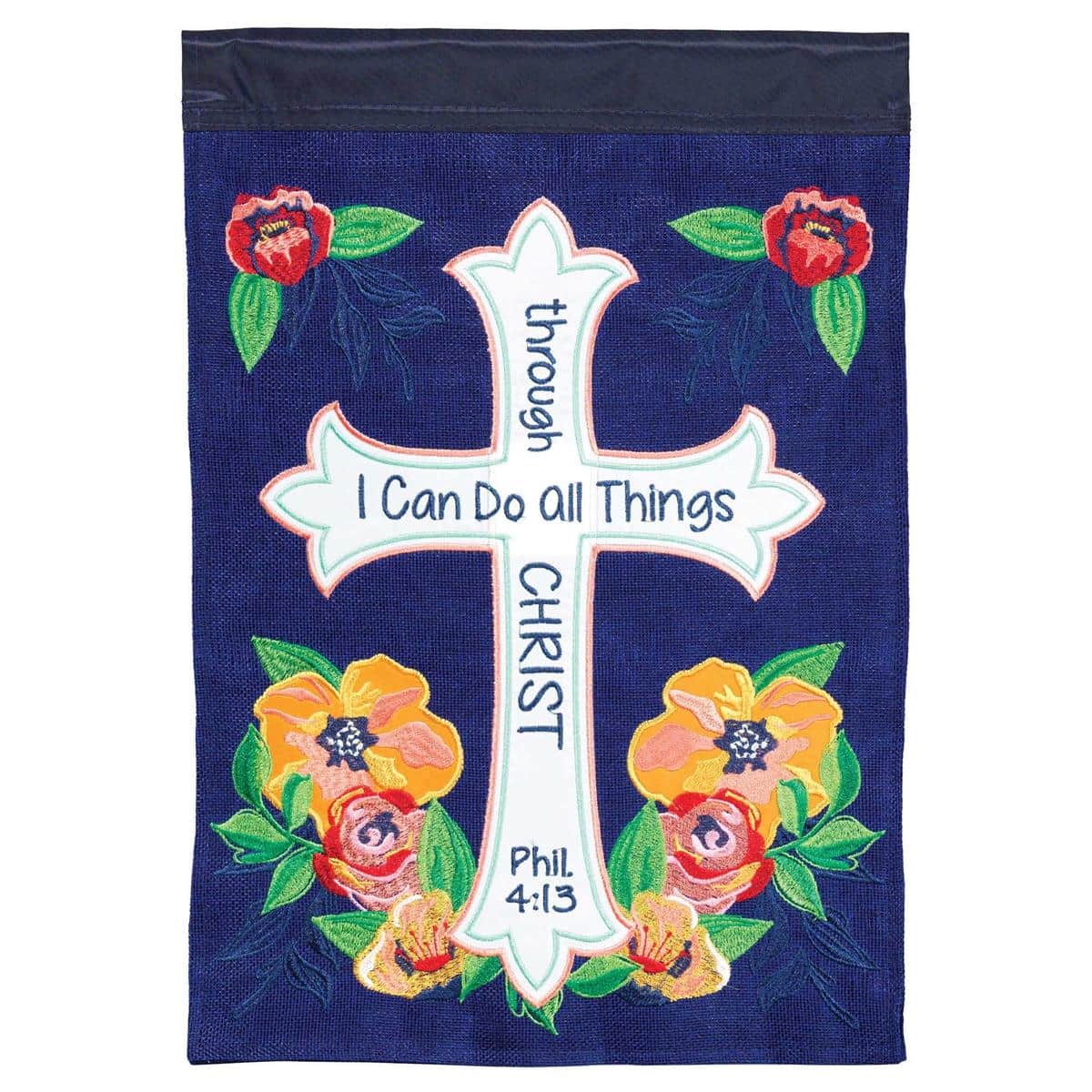 Alt text for main product image: I Can Do All Things 13x18 garden flag with textured double applique cross and bold inspirational lettering shown on a porch flag stand with greenery background