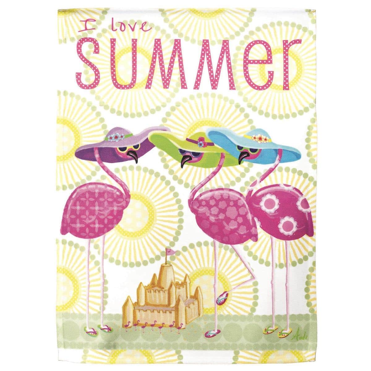 Alt text for main product image: 13x18 I Love Summer Flamingos garden flag with two pink flamingos, tropical leaves, and bold summer script displayed on a garden flag pole in a sunny yard.