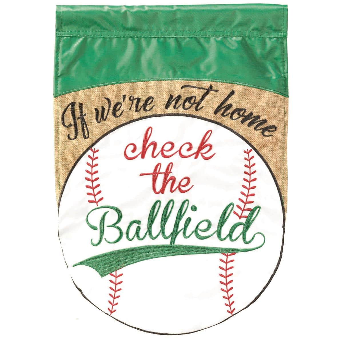 13x18 If Not Home baseball garden flag with layered double applique, visible baseball stitches, sporty typography, and reinforced sleeve displayed on a lawn pole