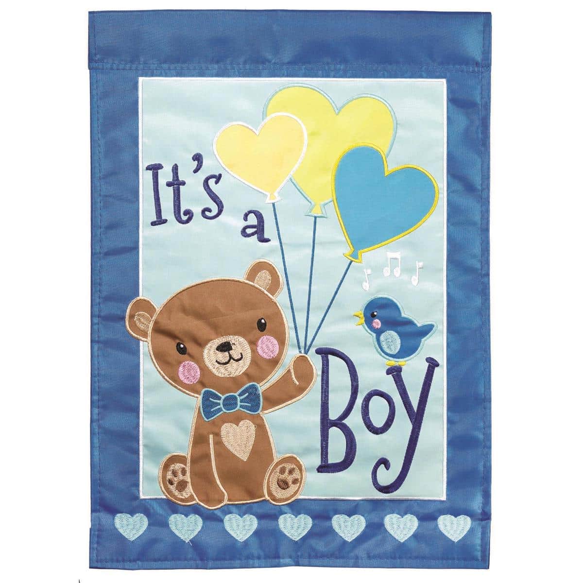Blue Its A Boy Bear 13x18 double applique garden flag with layered bear applique and "It's a Boy" lettering displayed on a small yard flagpole among porch plants.