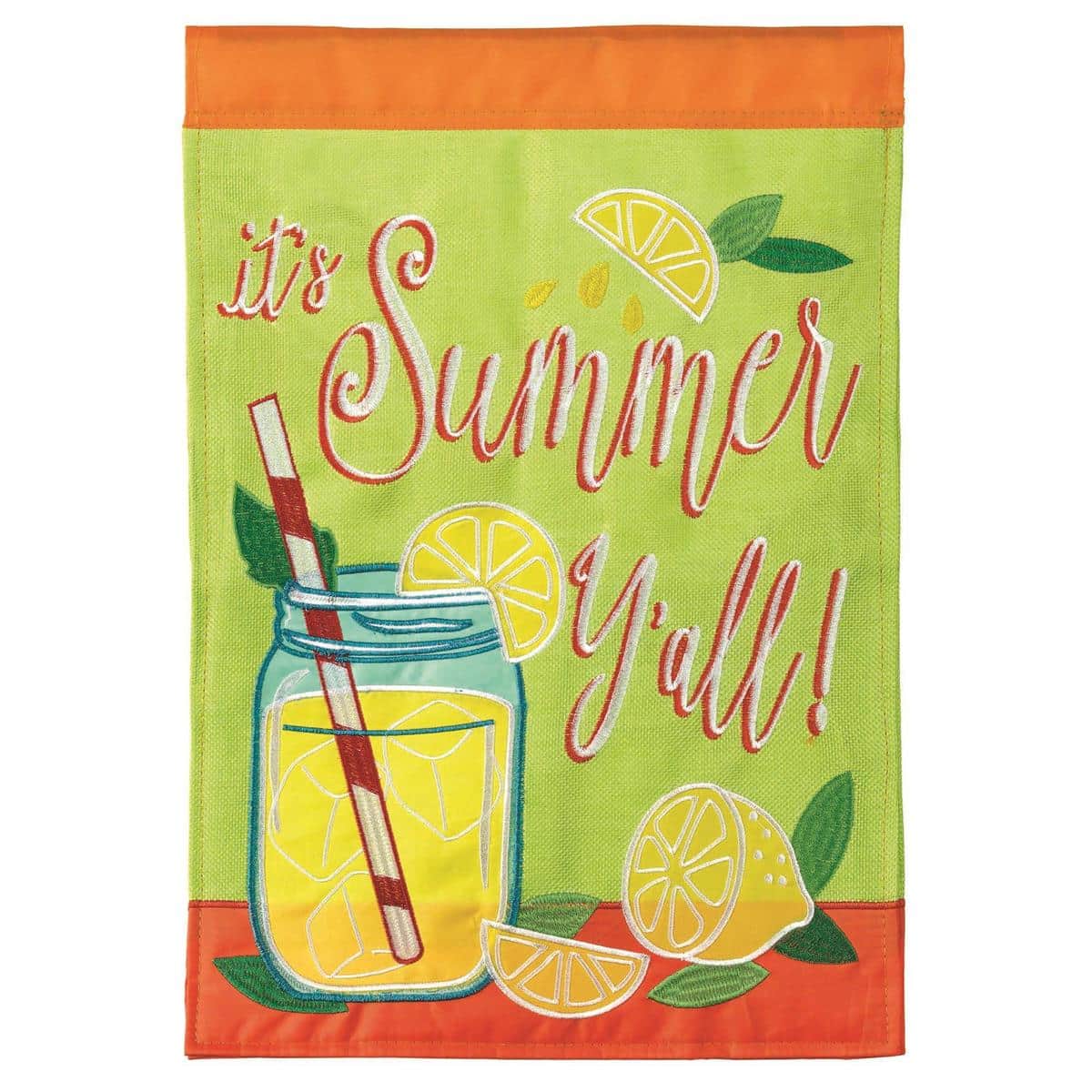 Its Summer Yall 13x18 garden flag in SummerLemons style, double applique with lemons and leaves, displayed on a standard stand along a sunny front walkway