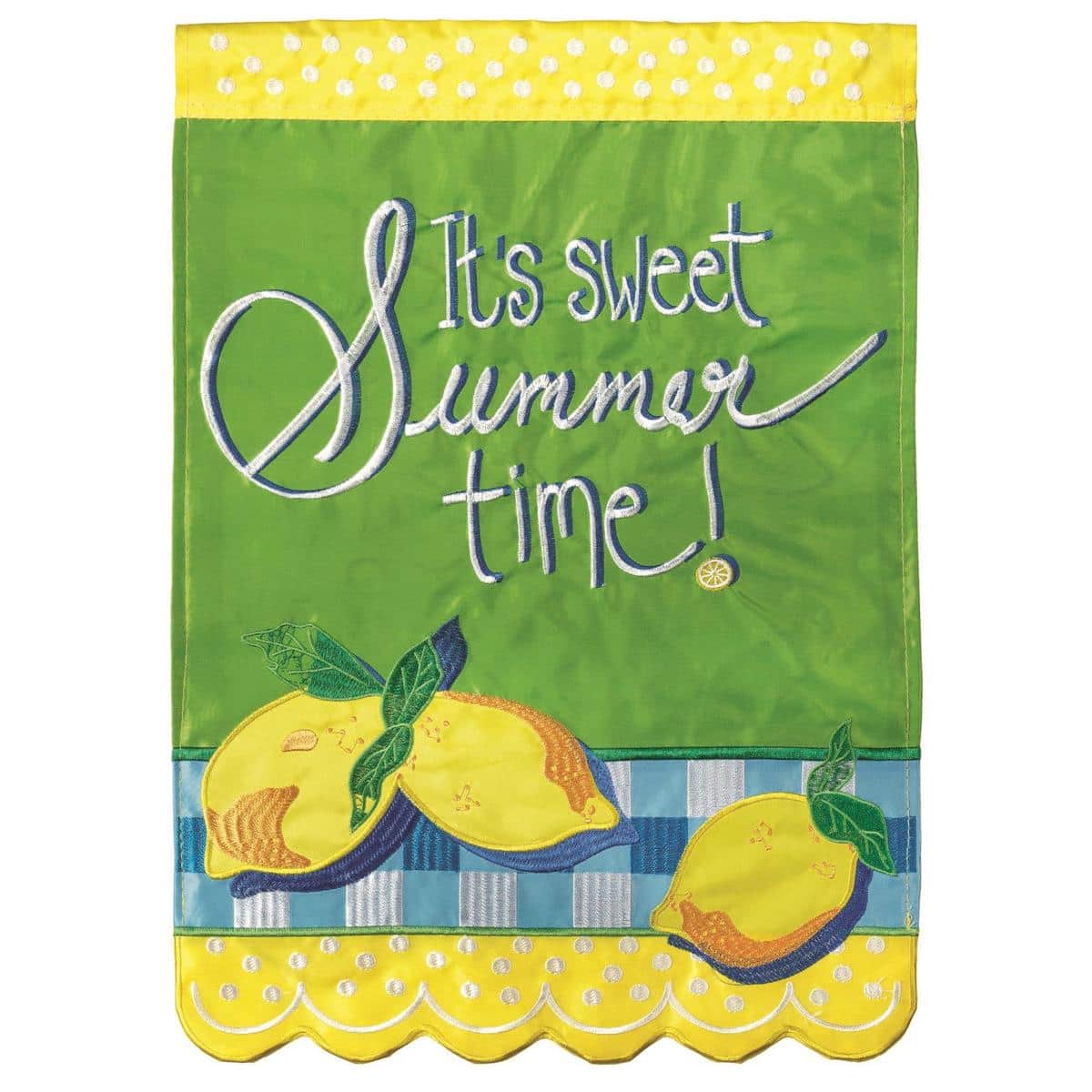 13x18 Its Sweet Summer Time garden flag with SummerLemons lemons and green leaves in double applique texture on a light background, shown on a garden pole