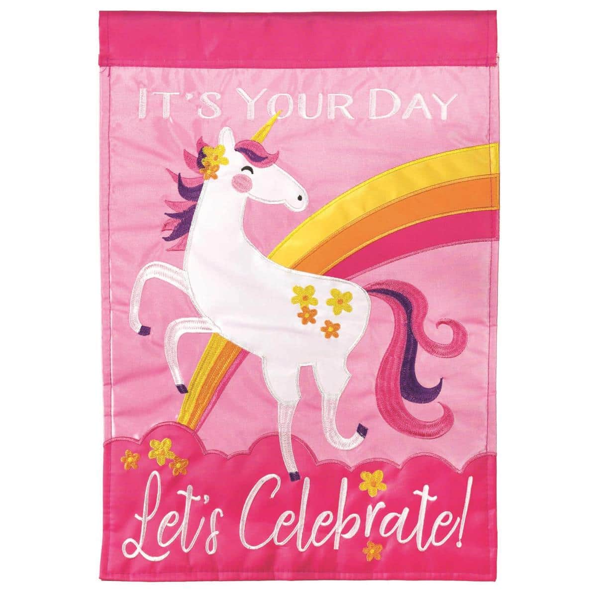 Double applique Its Your Day Girl 13x18 garden flag with bold two sided lettering, confetti accents, and bright pink and teal tones, displayed outdoors on a garden stand.