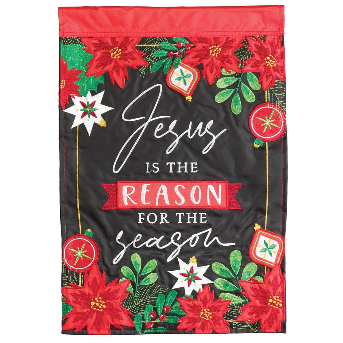 13x18 Jesus Is The Reason double applique Christmas garden flag, two sided, faith based holiday yard decor on a standard garden flag stand