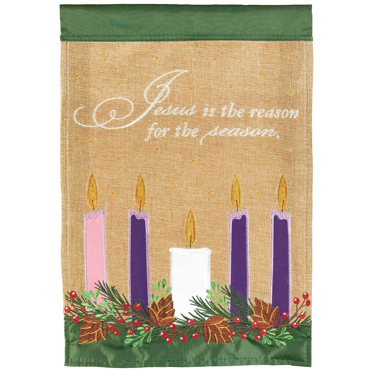 Jesus Is The Reason burlap garden flag 13x18 with double applique holiday design, rustic burlap texture and reinforced sleeve for garden stand display.