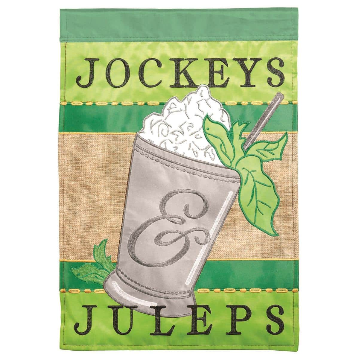 Jockeys Juleps burlap garden flag 13x18 showing jockey silks, mint julep cups, and double applique details against a textured burlap background ready for display.