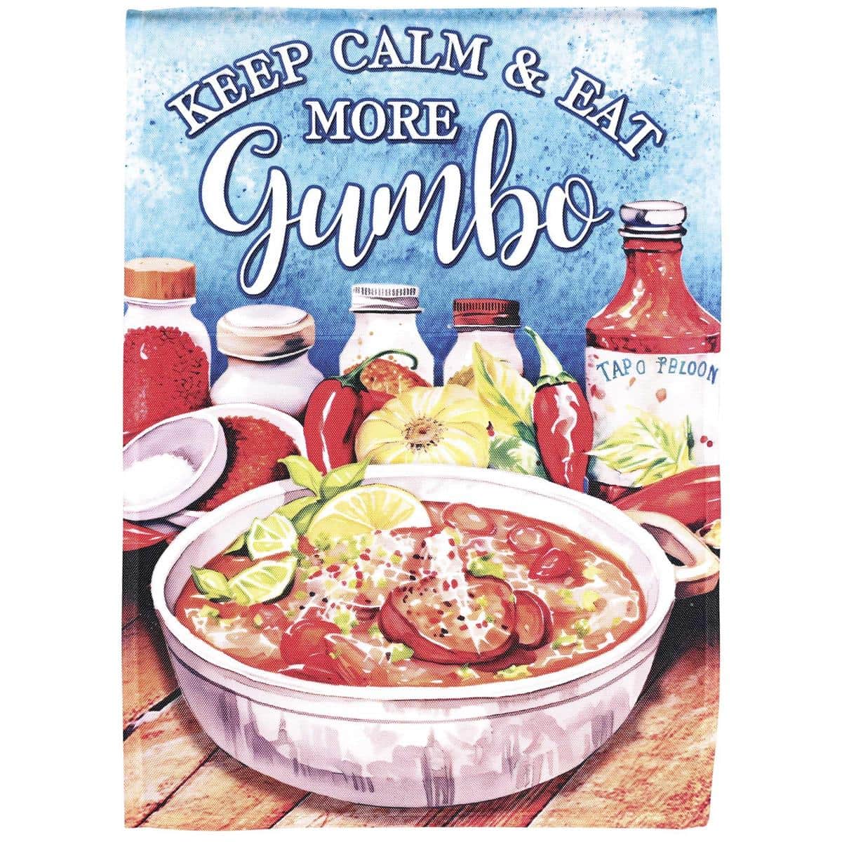 13x18 Keep Calm And Eat More Gumbo printed garden flag with bold lettering and Cajun illustration displayed on a garden flag stand in front of a southern porch, showing the LA-Food style and easy-to-read design for outdoor decor.