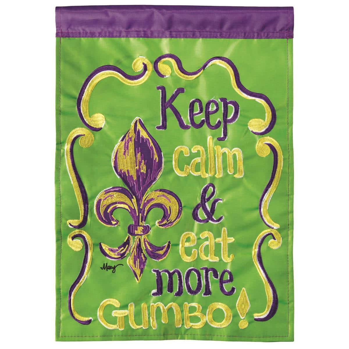 Keep Calm Eat Gumbo double applique 13x18 garden flag with gumbo bowl artwork and bold Cajun lettering, shown on a black metal stand beside a front porch
